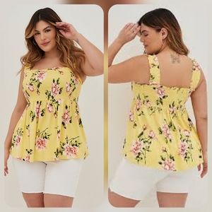 Torrid Sz. 2 NWOT SMOCKED BABYDOLL TANK - FLORAL YELLOW